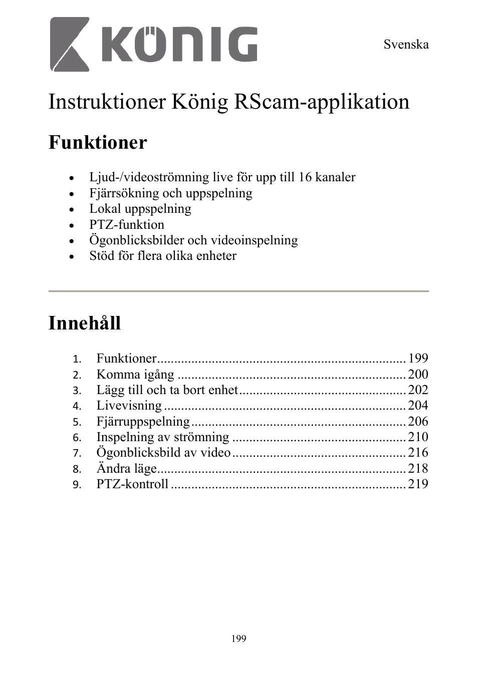Instruktioner könig rscam-applikation, Funktioner, Innehåll | Konig Electronic Digital security video recorder equipped with built-in 500 GB hard disk User Manual | Page 199 / 550