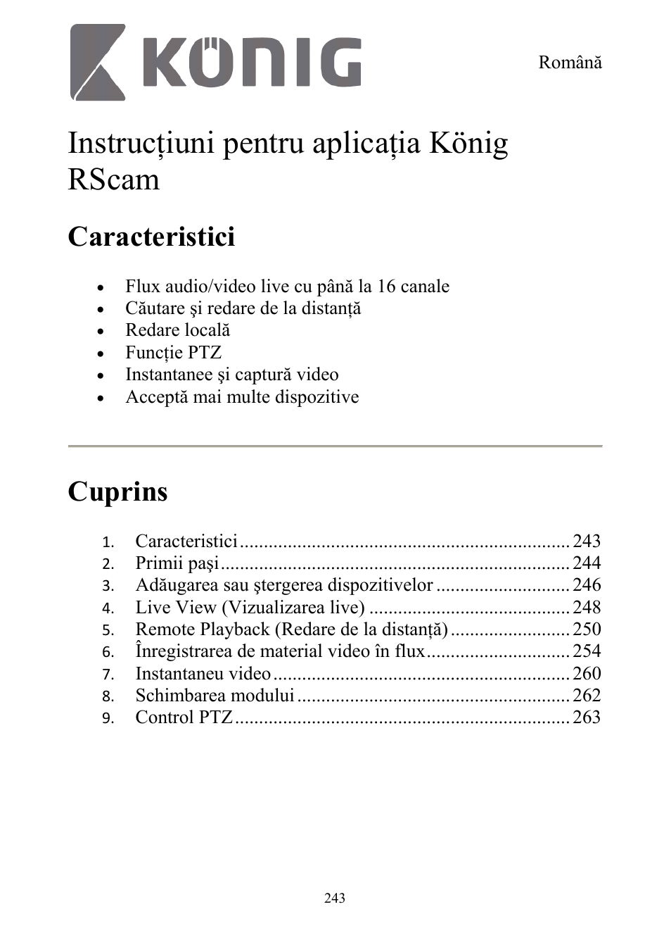 Instrucţiuni pentru aplicaţia könig rscam, Caracteristici, Cuprins | Konig Electronic Digital security video recorder equipped with built-in 500 GB hard disk User Manual | Page 243 / 550