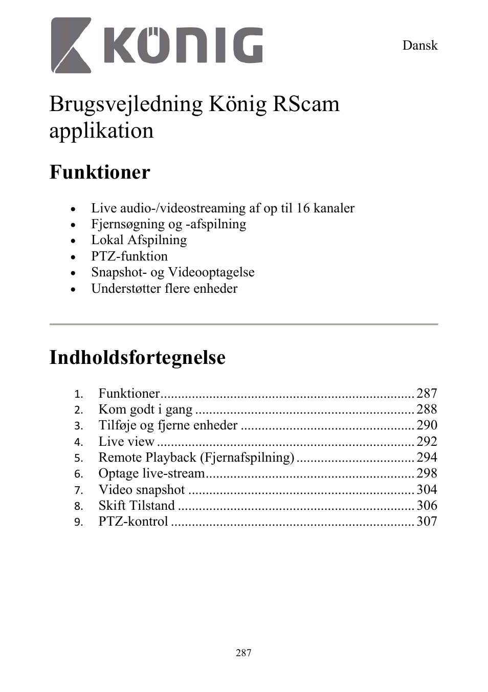 Brugsvejledning könig rscam applikation, Funktioner, Indholdsfortegnelse | Konig Electronic Digital security video recorder equipped with built-in 500 GB hard disk User Manual | Page 287 / 550