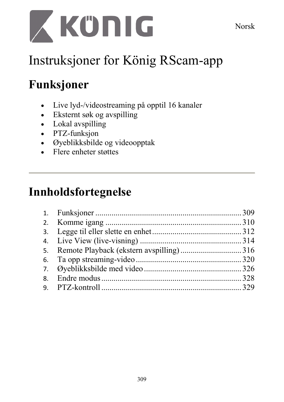 Instruksjoner for könig rscam-app, Funksjoner, Innholdsfortegnelse | Konig Electronic Digital security video recorder equipped with built-in 500 GB hard disk User Manual | Page 309 / 550