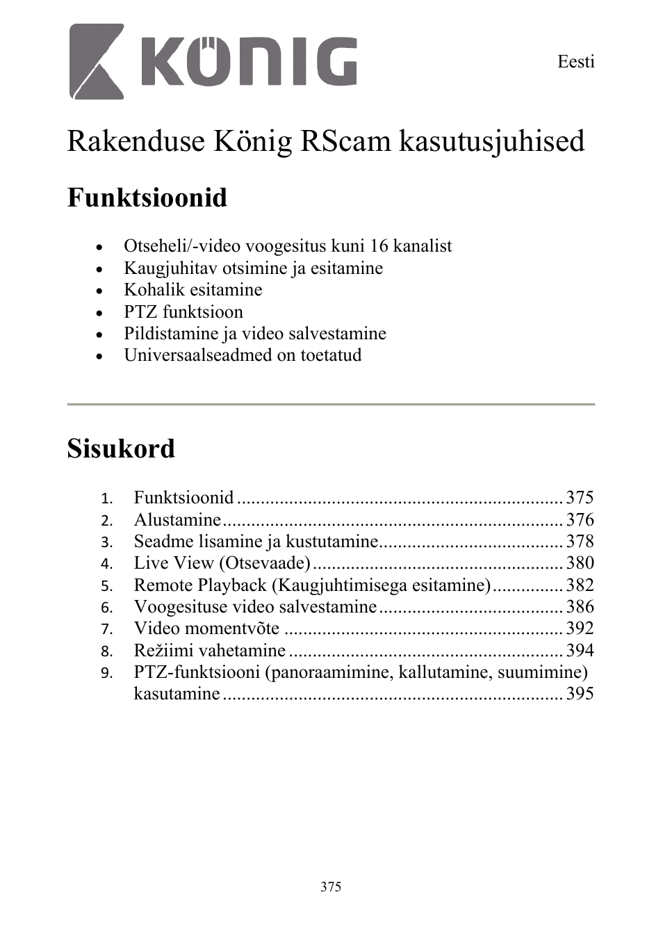 Rakenduse könig rscam kasutusjuhised, Funktsioonid, Sisukord | Konig Electronic Digital security video recorder equipped with built-in 500 GB hard disk User Manual | Page 375 / 550