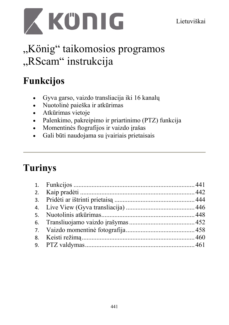 König“ taikomosios programos „rscam“ instrukcija, Funkcijos, Turinys | Konig Electronic Digital security video recorder equipped with built-in 500 GB hard disk User Manual | Page 441 / 550