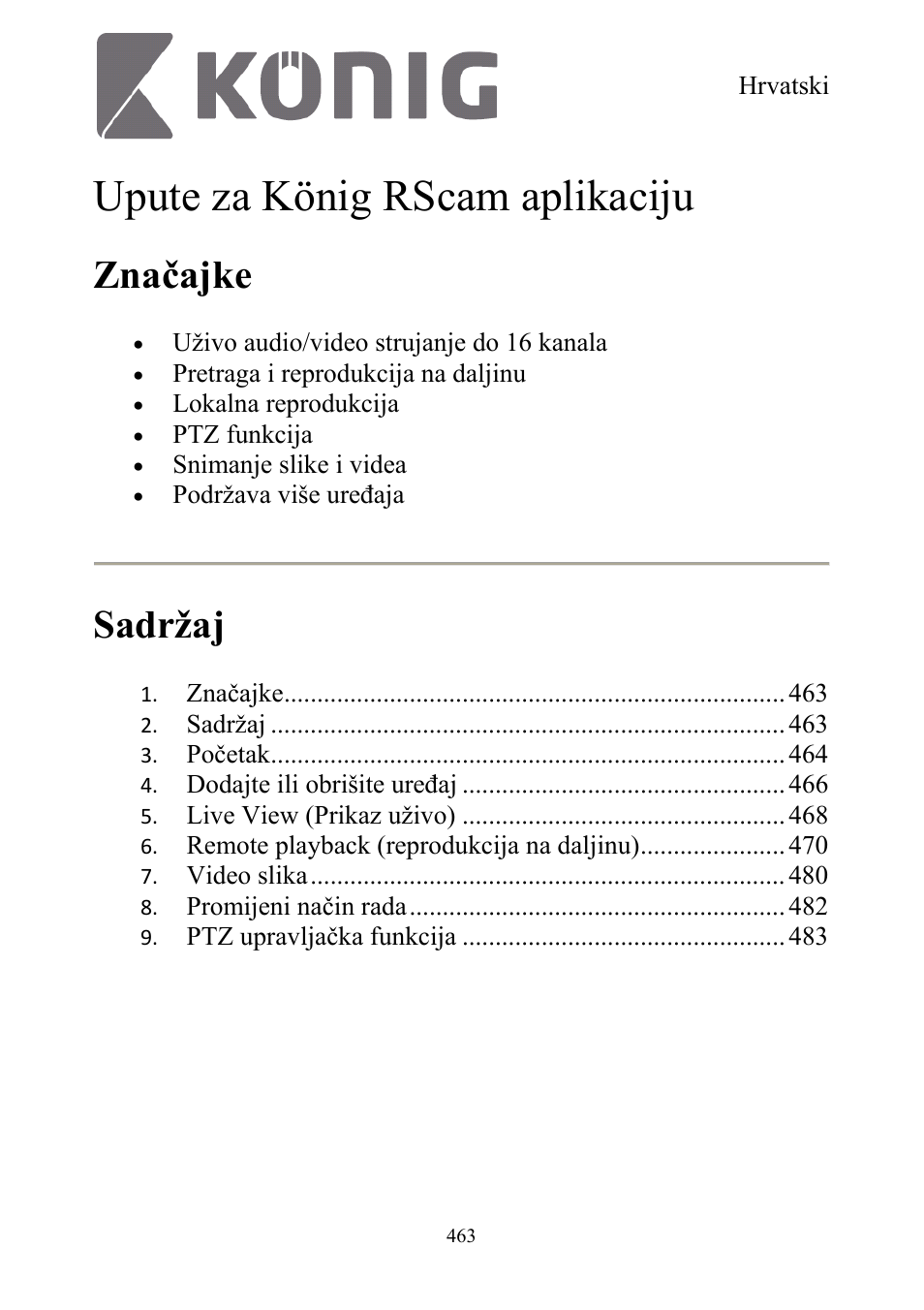 Upute za könig rscam aplikaciju, Značajke, Sadržaj | Konig Electronic Digital security video recorder equipped with built-in 500 GB hard disk User Manual | Page 463 / 550