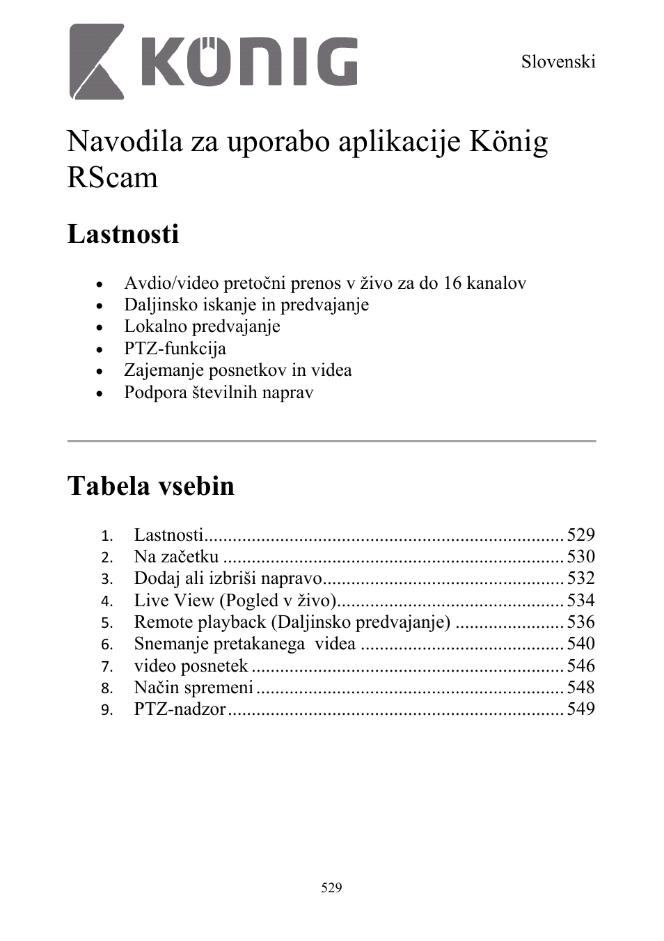 Navodila za uporabo aplikacije könig rscam, Lastnosti, Tabela vsebin | Konig Electronic Digital security video recorder equipped with built-in 500 GB hard disk User Manual | Page 529 / 550