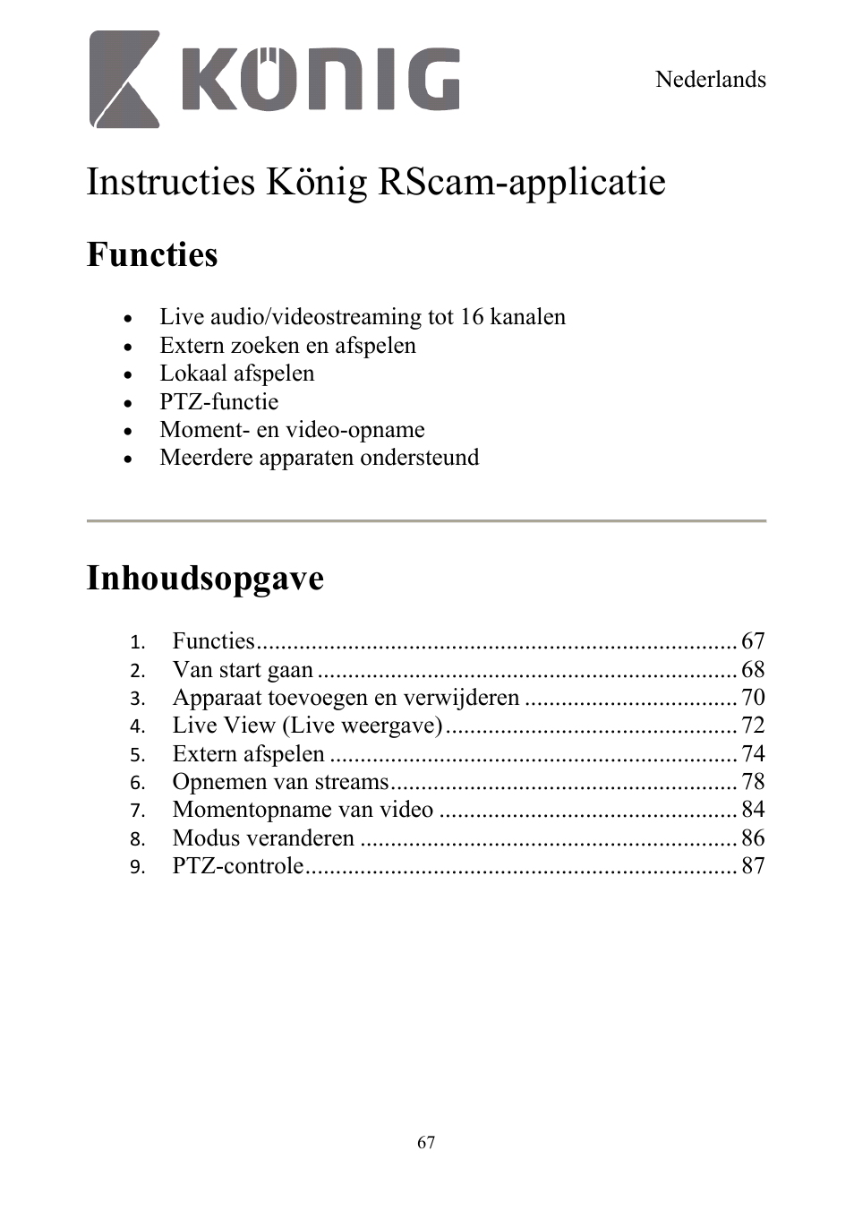 Instructies könig rscam-applicatie, Functies, Inhoudsopgave | Konig Electronic Digital security video recorder equipped with built-in 500 GB hard disk User Manual | Page 67 / 550