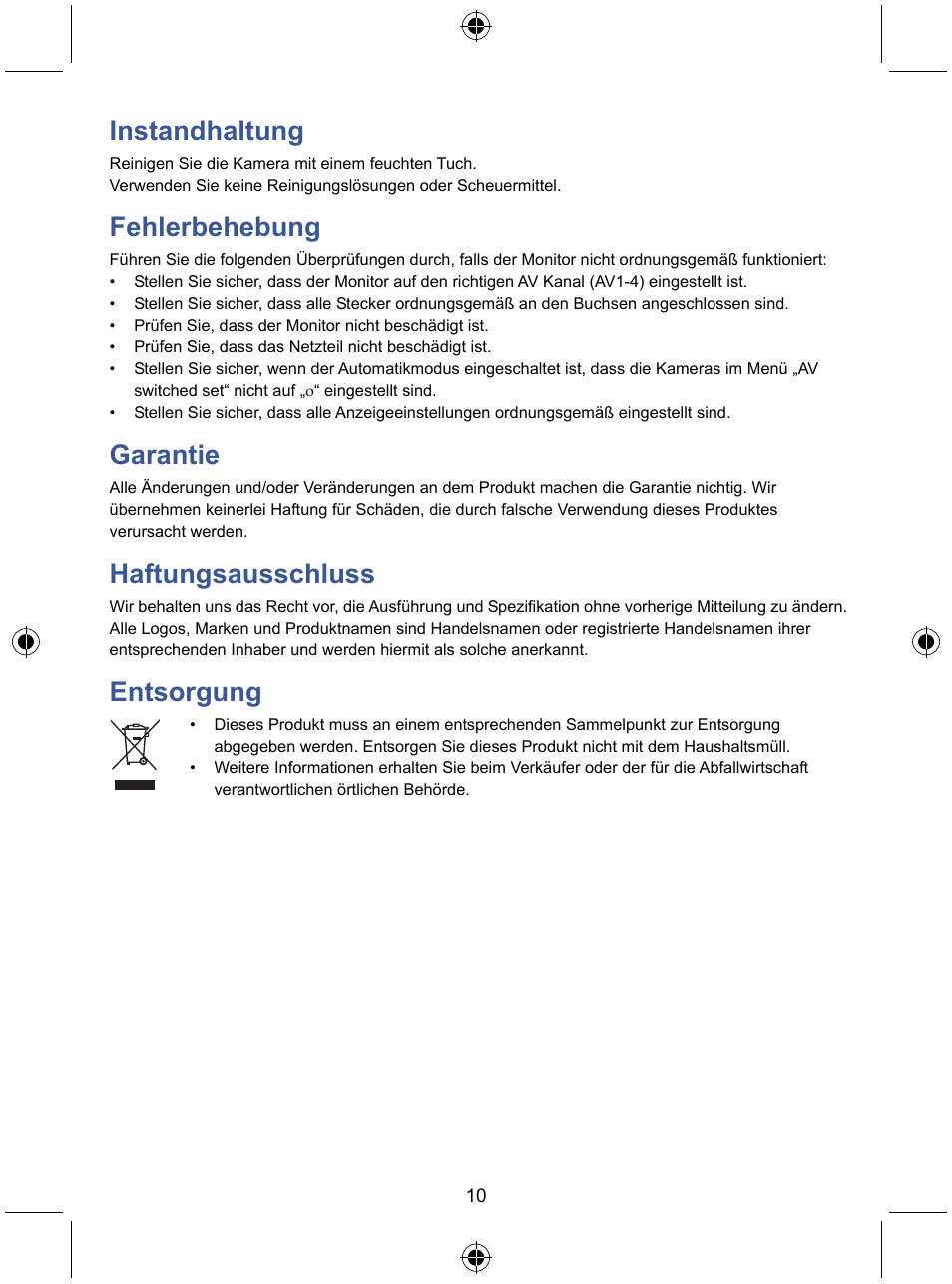 Instandhaltung, Fehlerbehebung, Garantie | Haftungsausschluss, Entsorgung | Konig Electronic 7" color LCD monitor User Manual | Page 10 / 59