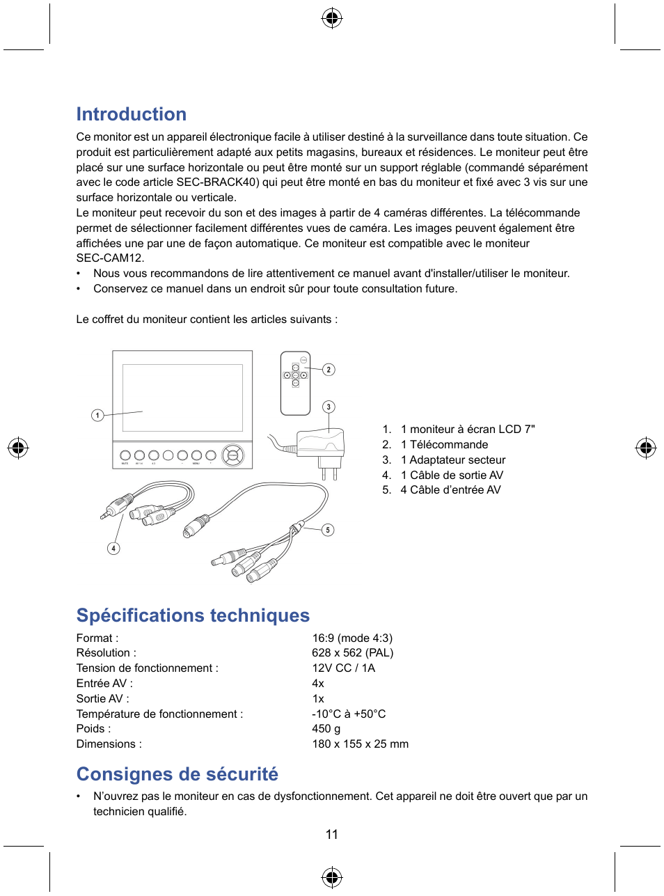 Introduction, Spécifications techniques, Consignes de sécurité | Konig Electronic 7" color LCD monitor User Manual | Page 11 / 59