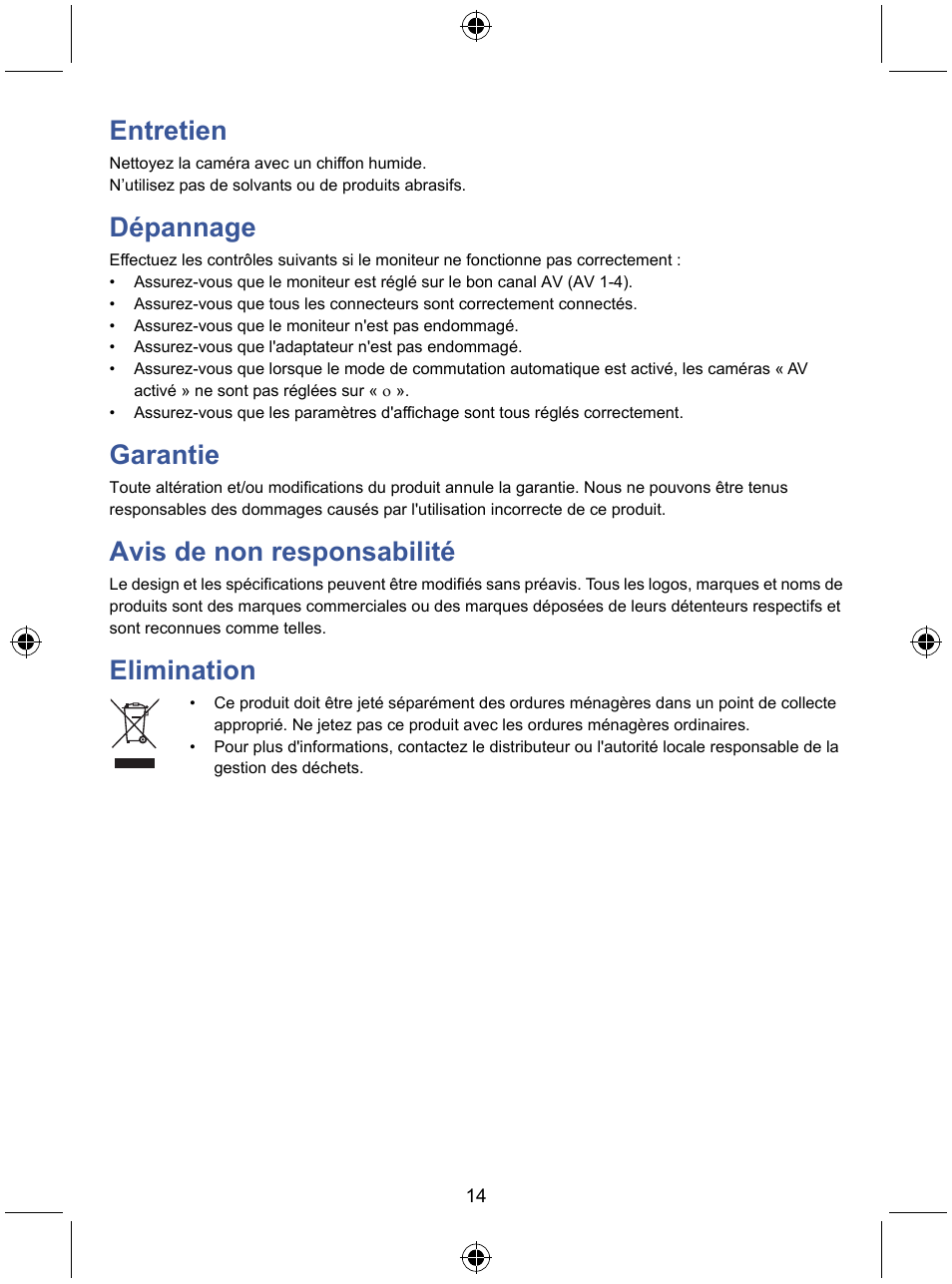 Entretien, Dépannage, Garantie | Avis de non responsabilité, Elimination | Konig Electronic 7" color LCD monitor User Manual | Page 14 / 59