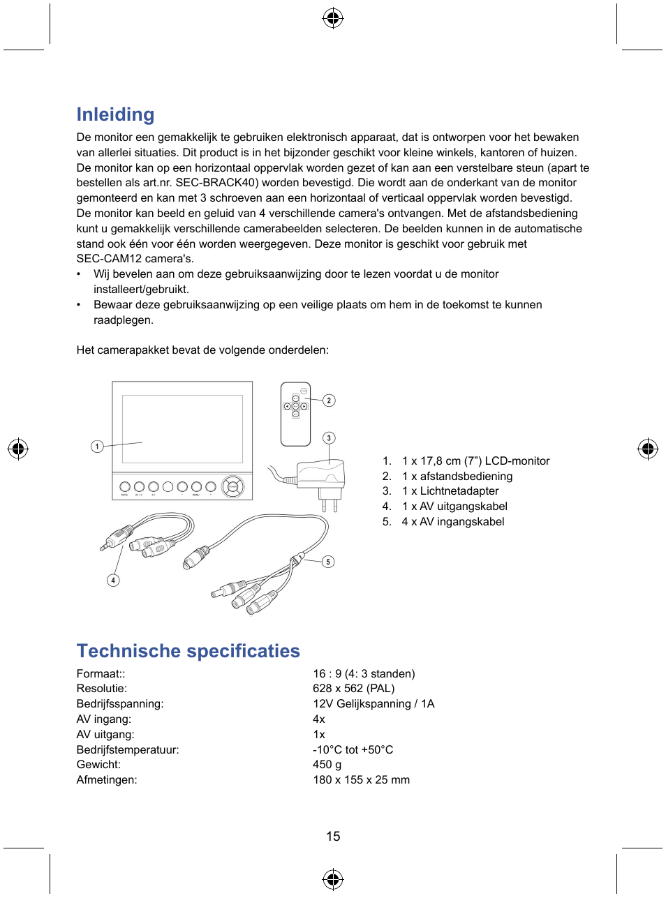 Inleiding, Technische specificaties | Konig Electronic 7" color LCD monitor User Manual | Page 15 / 59