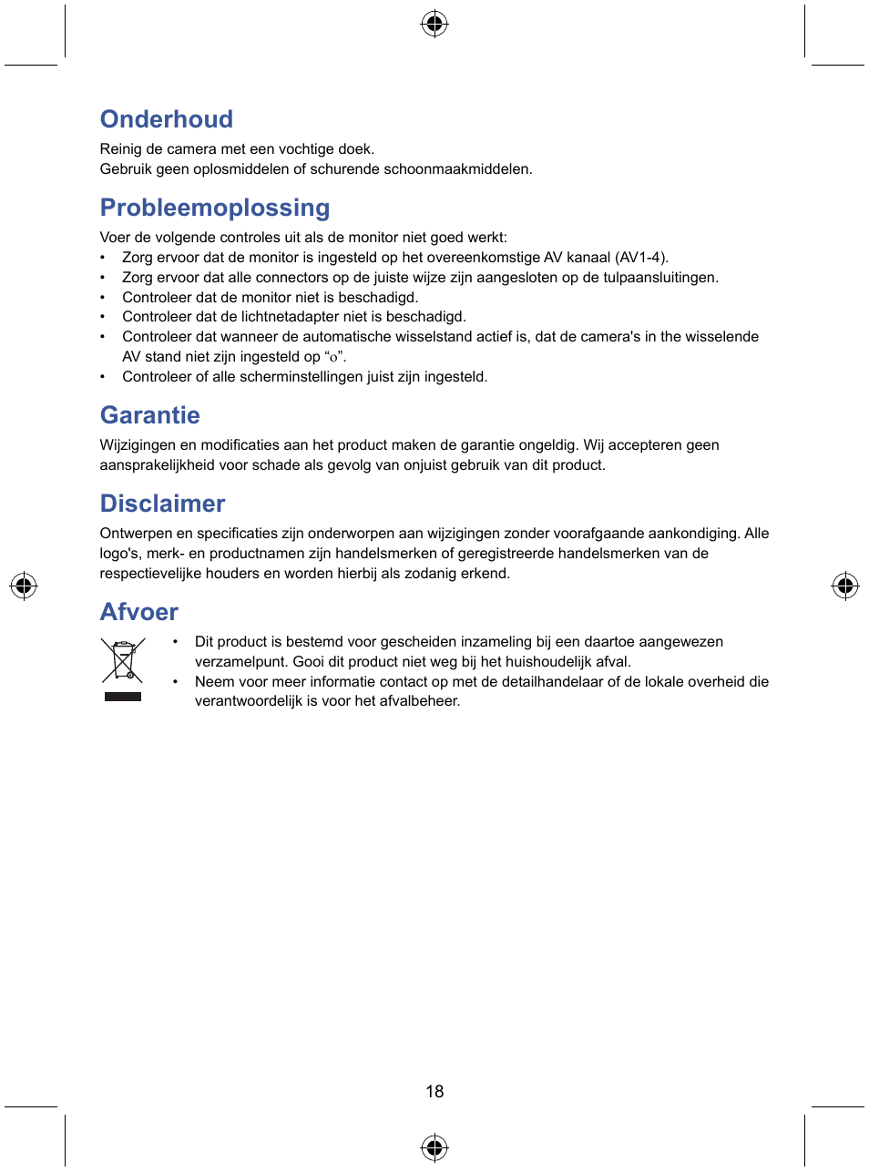 Onderhoud, Probleemoplossing, Garantie | Disclaimer, Afvoer | Konig Electronic 7" color LCD monitor User Manual | Page 18 / 59