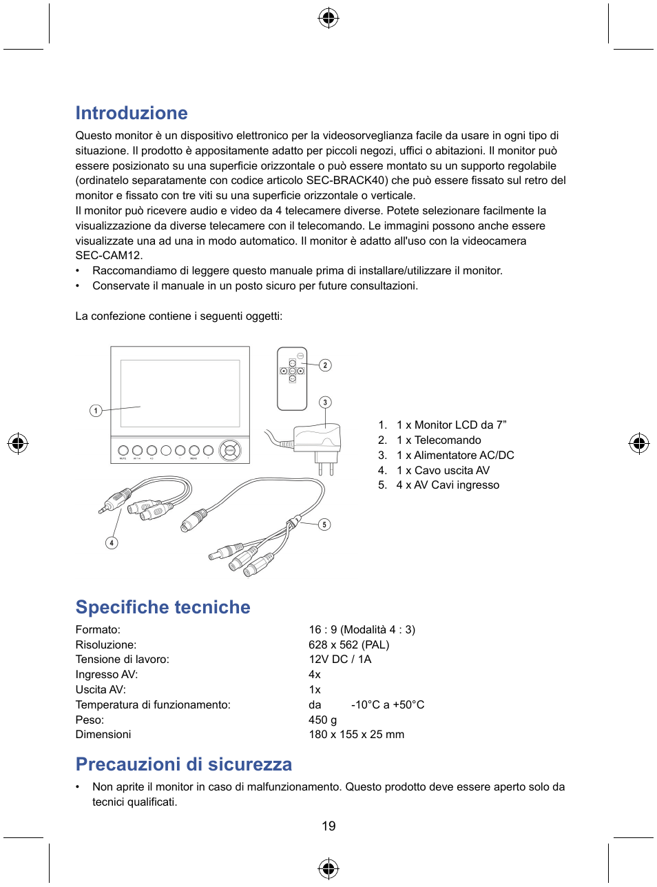 Introduzione, Specifiche tecniche, Precauzioni di sicurezza | Konig Electronic 7" color LCD monitor User Manual | Page 19 / 59