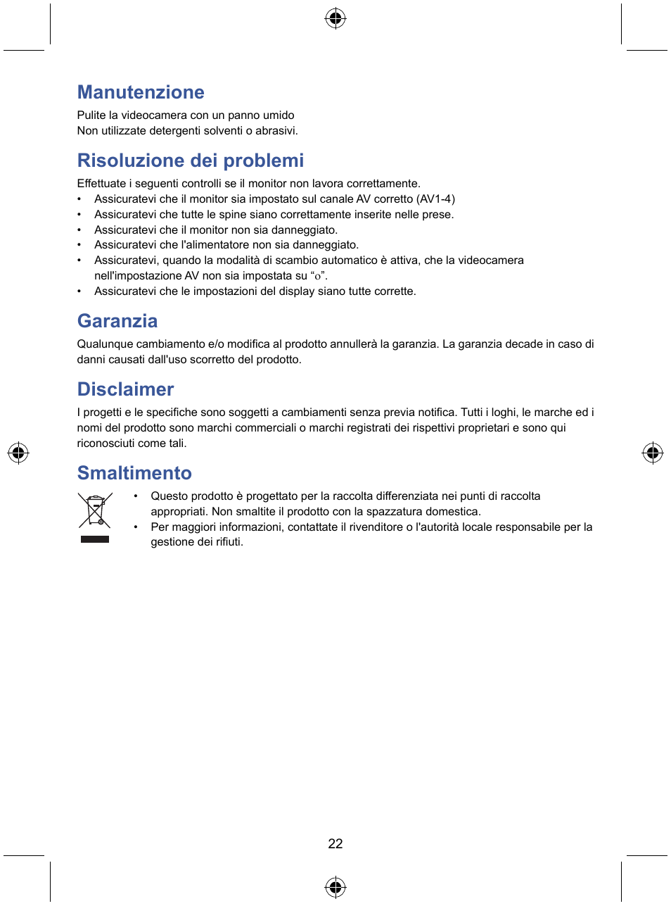 Manutenzione, Risoluzione dei problemi, Garanzia | Disclaimer, Smaltimento | Konig Electronic 7" color LCD monitor User Manual | Page 22 / 59