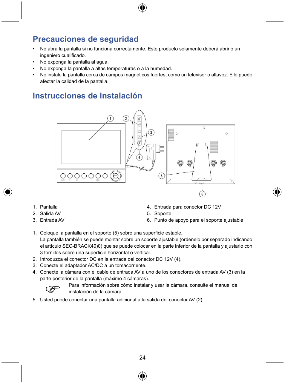Precauciones de seguridad, Instrucciones de instalación | Konig Electronic 7" color LCD monitor User Manual | Page 24 / 59