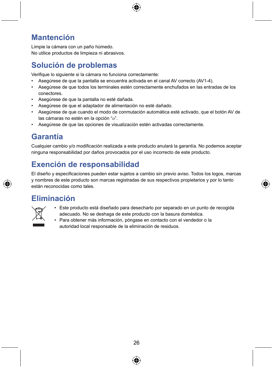 Mantención, Solución de problemas, Garantía | Exención de responsabilidad, Eliminación | Konig Electronic 7" color LCD monitor User Manual | Page 26 / 59