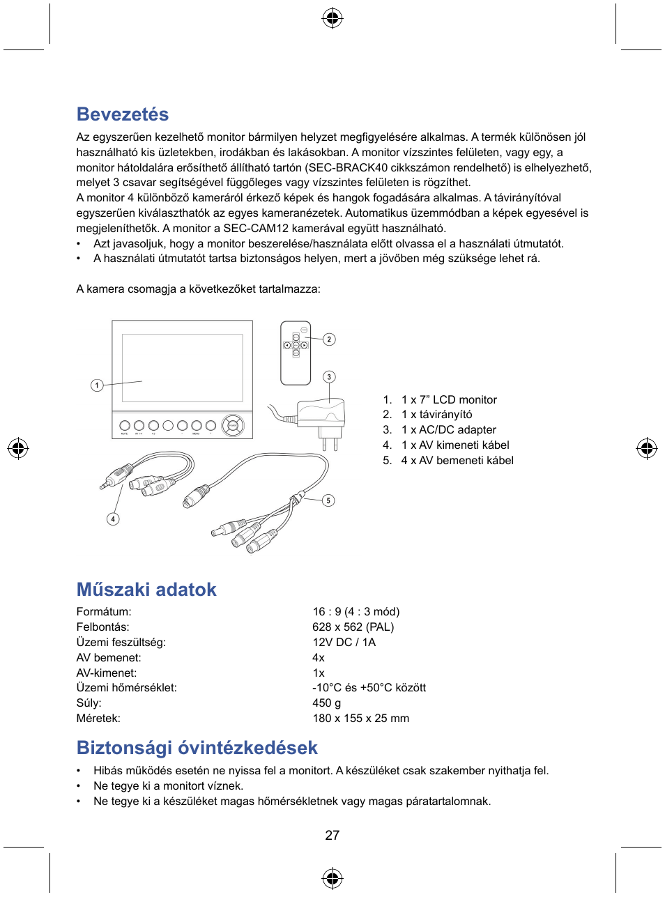 Bevezetés, Műszaki adatok, Biztonsági óvintézkedések | Konig Electronic 7" color LCD monitor User Manual | Page 27 / 59