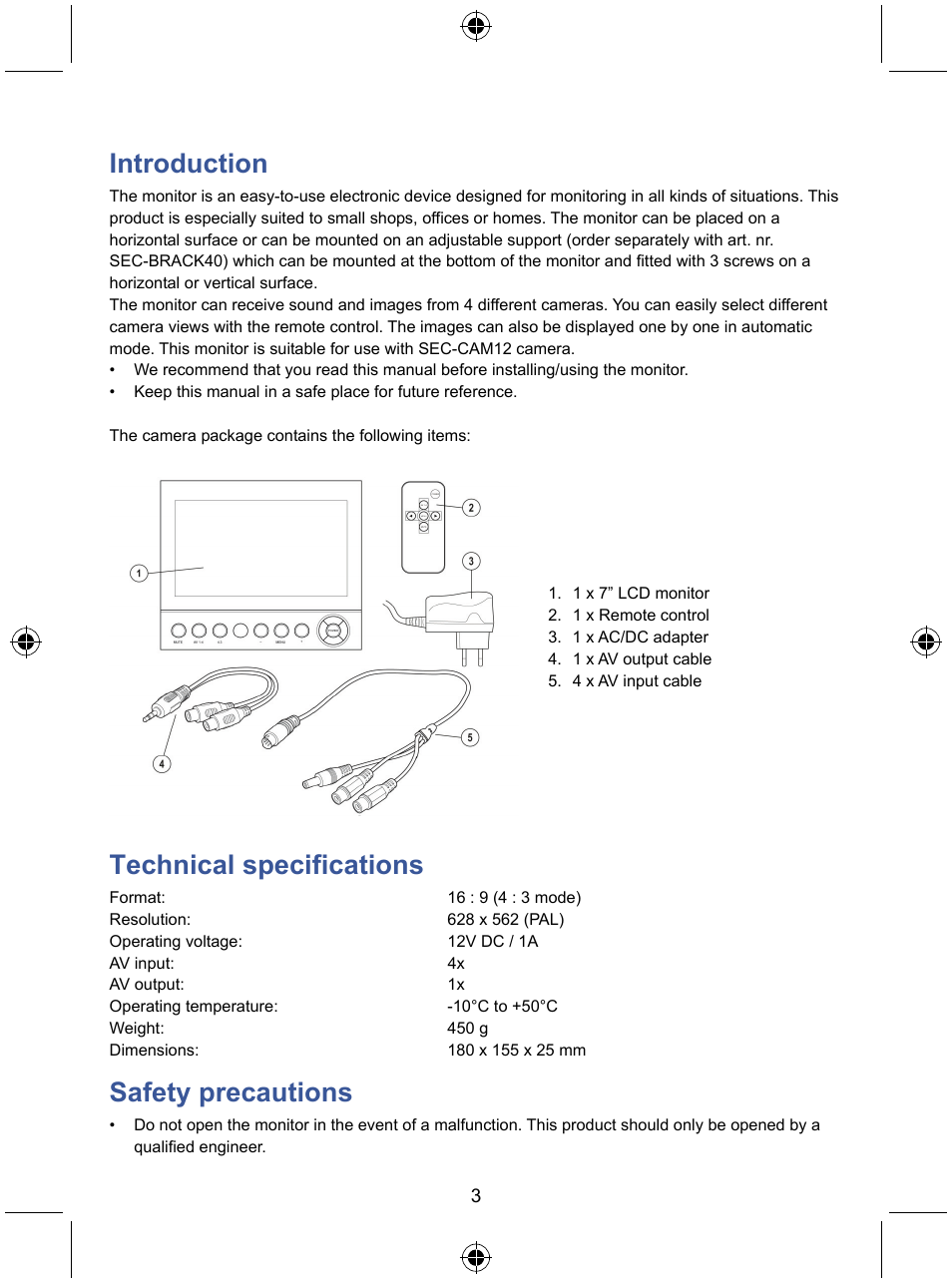 Introduction, Technical specifications, Safety precautions | Konig Electronic 7" color LCD monitor User Manual | Page 3 / 59