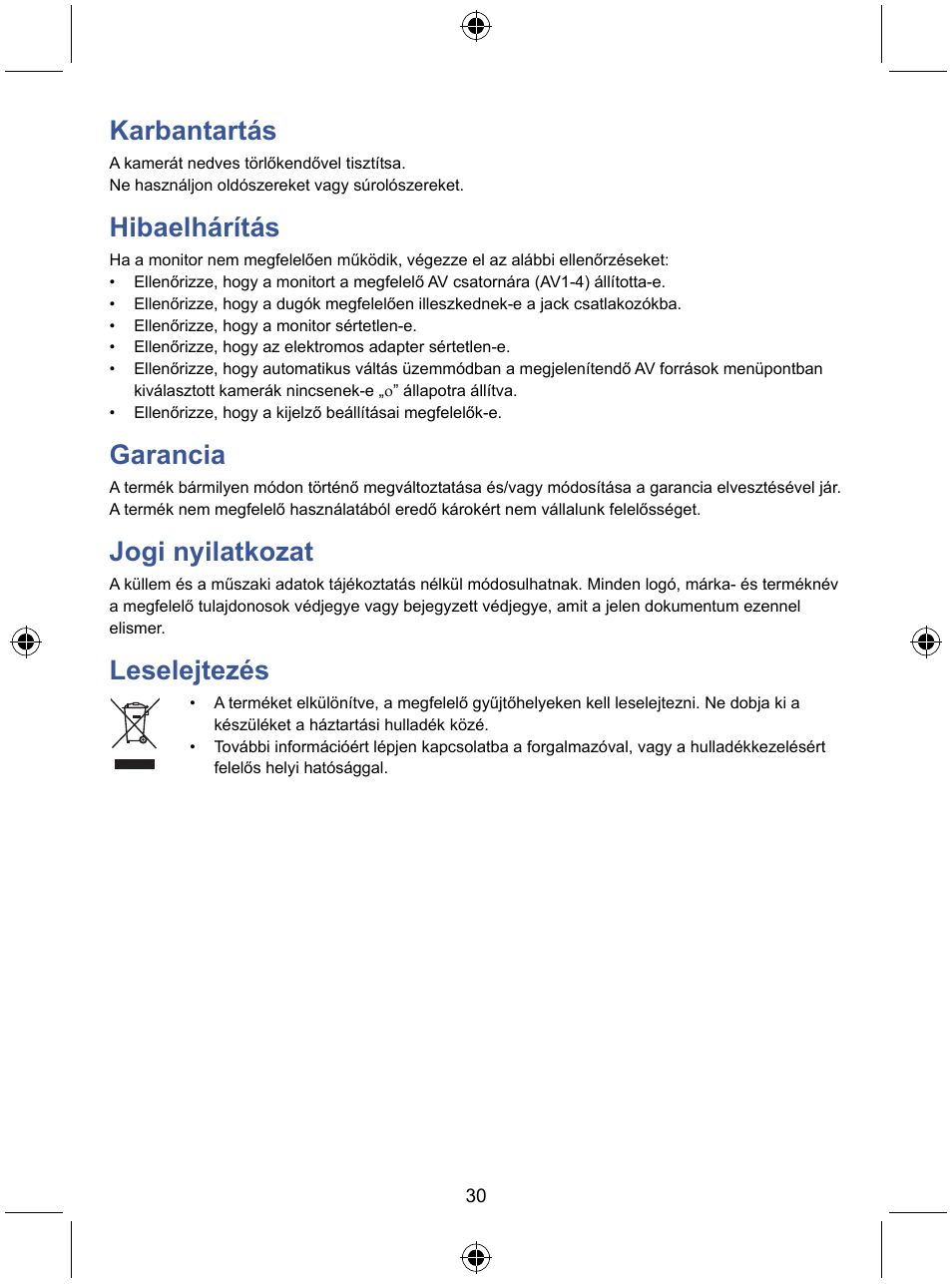Karbantartás, Hibaelhárítás, Garancia | Jogi nyilatkozat, Leselejtezés | Konig Electronic 7" color LCD monitor User Manual | Page 30 / 59