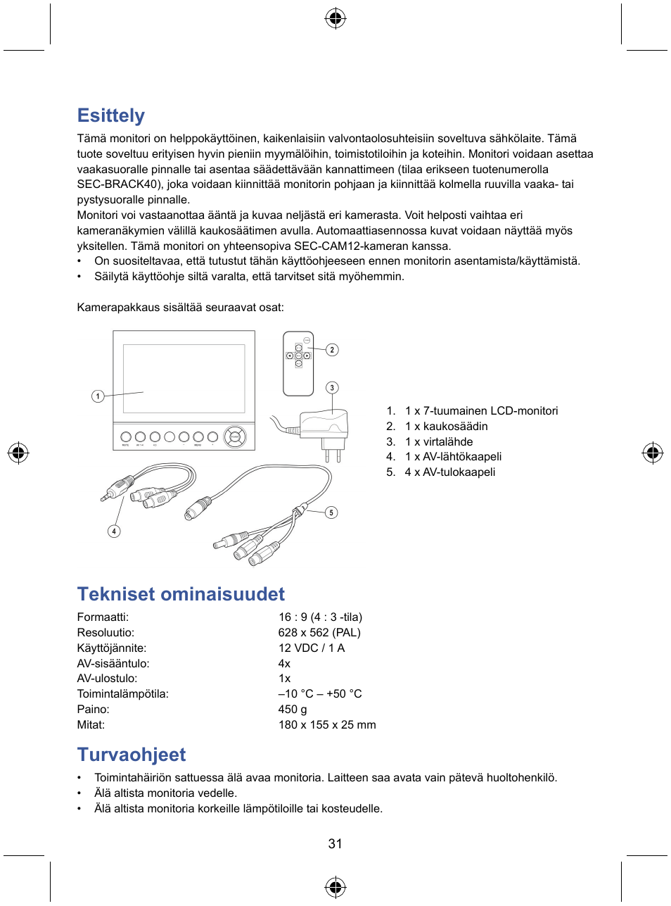 Esittely, Tekniset ominaisuudet, Turvaohjeet | Konig Electronic 7" color LCD monitor User Manual | Page 31 / 59