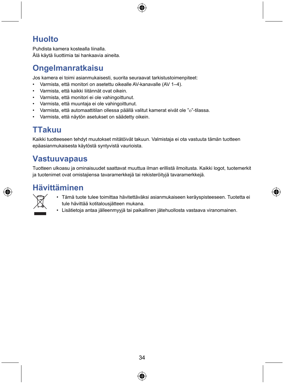 Huolto, Ongelmanratkaisu, Ttakuu | Vastuuvapaus, Hävittäminen | Konig Electronic 7" color LCD monitor User Manual | Page 34 / 59