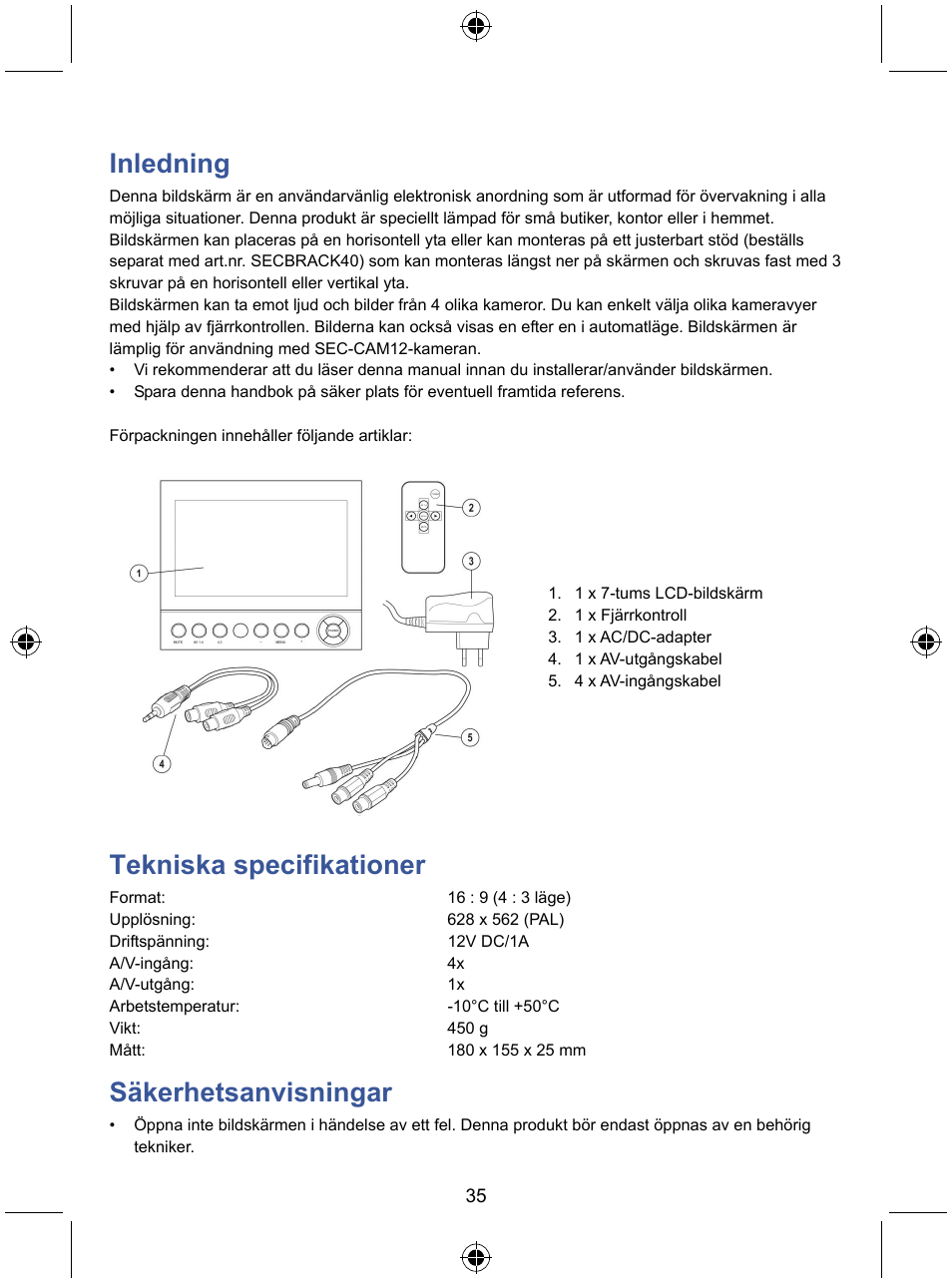 Inledning, Tekniska specifikationer, Säkerhetsanvisningar | Konig Electronic 7" color LCD monitor User Manual | Page 35 / 59