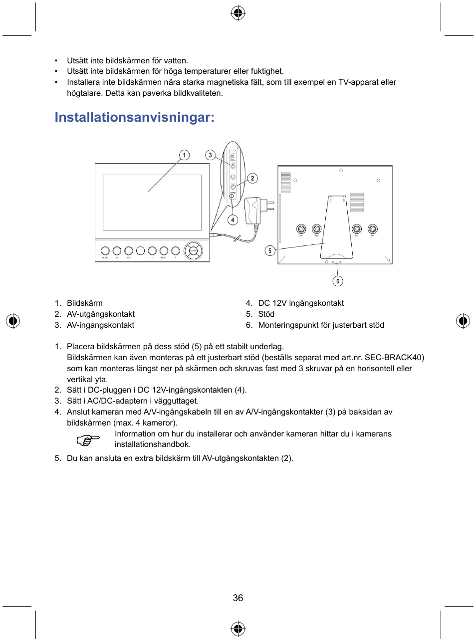 Installationsanvisningar | Konig Electronic 7" color LCD monitor User Manual | Page 36 / 59