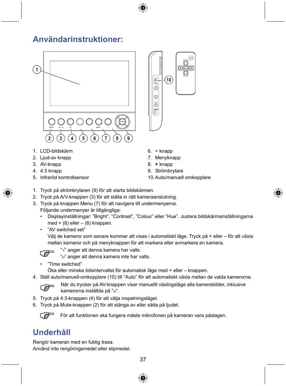Användarinstruktioner, Underhåll | Konig Electronic 7" color LCD monitor User Manual | Page 37 / 59