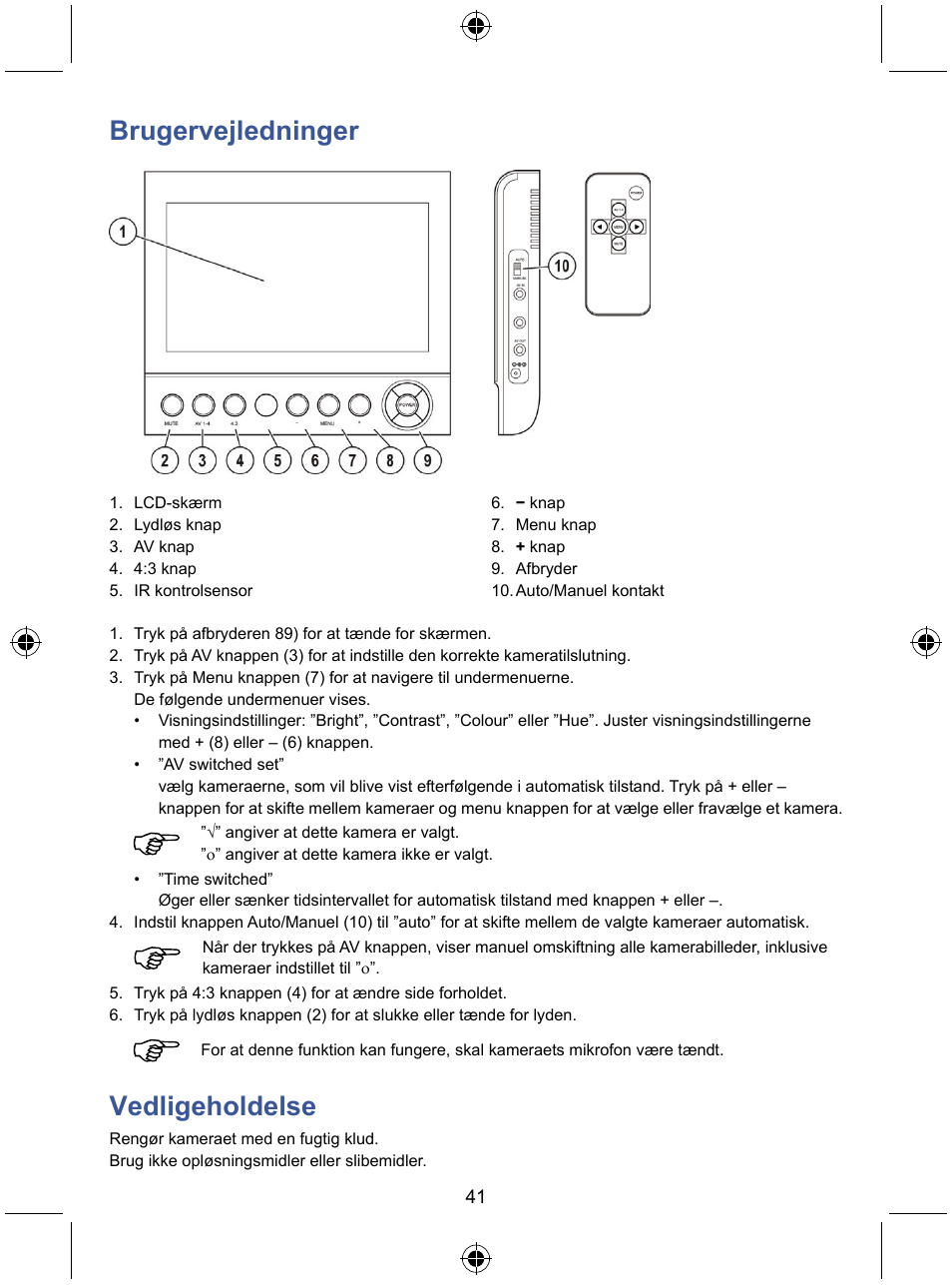 Brugervejledninger, Vedligeholdelse | Konig Electronic 7" color LCD monitor User Manual | Page 41 / 59