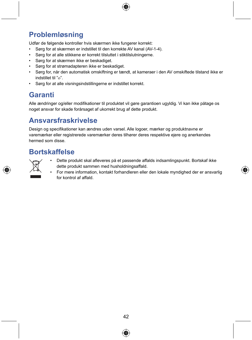 Problemløsning, Garanti, Ansvarsfraskrivelse | Bortskaffelse | Konig Electronic 7" color LCD monitor User Manual | Page 42 / 59