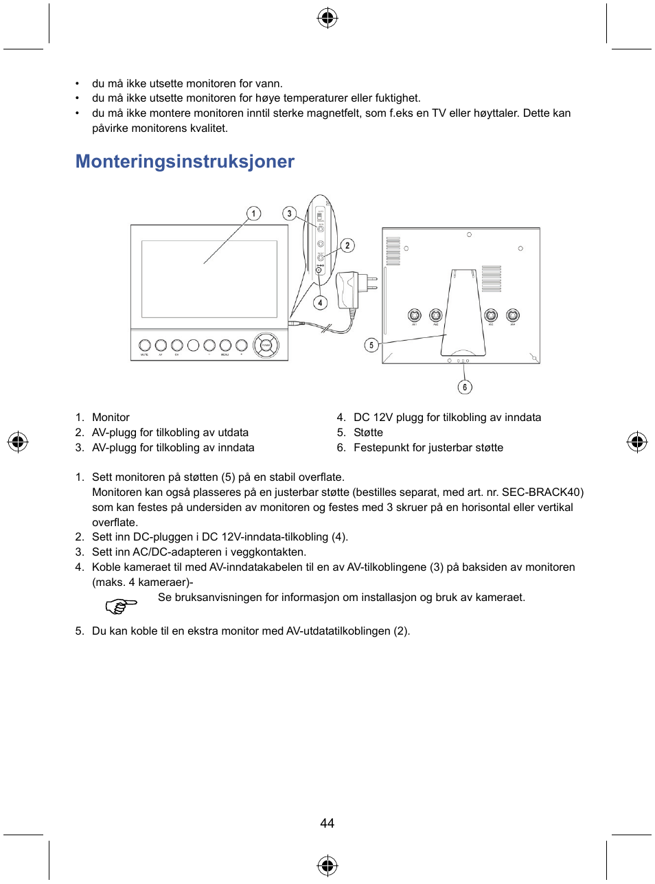 Monteringsinstruksjoner | Konig Electronic 7" color LCD monitor User Manual | Page 44 / 59