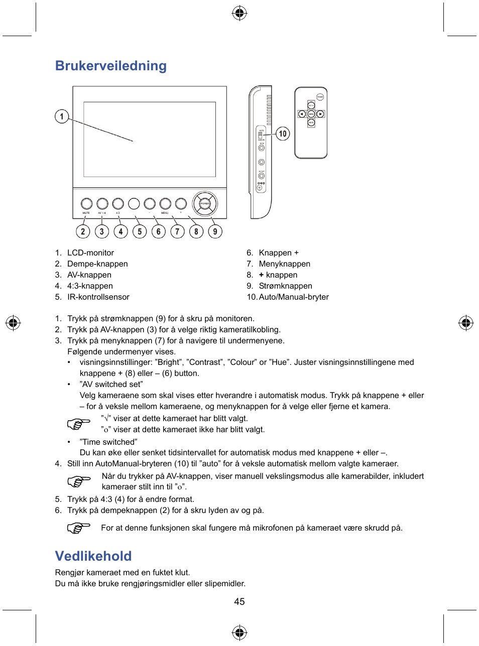 Brukerveiledning, Vedlikehold | Konig Electronic 7" color LCD monitor User Manual | Page 45 / 59