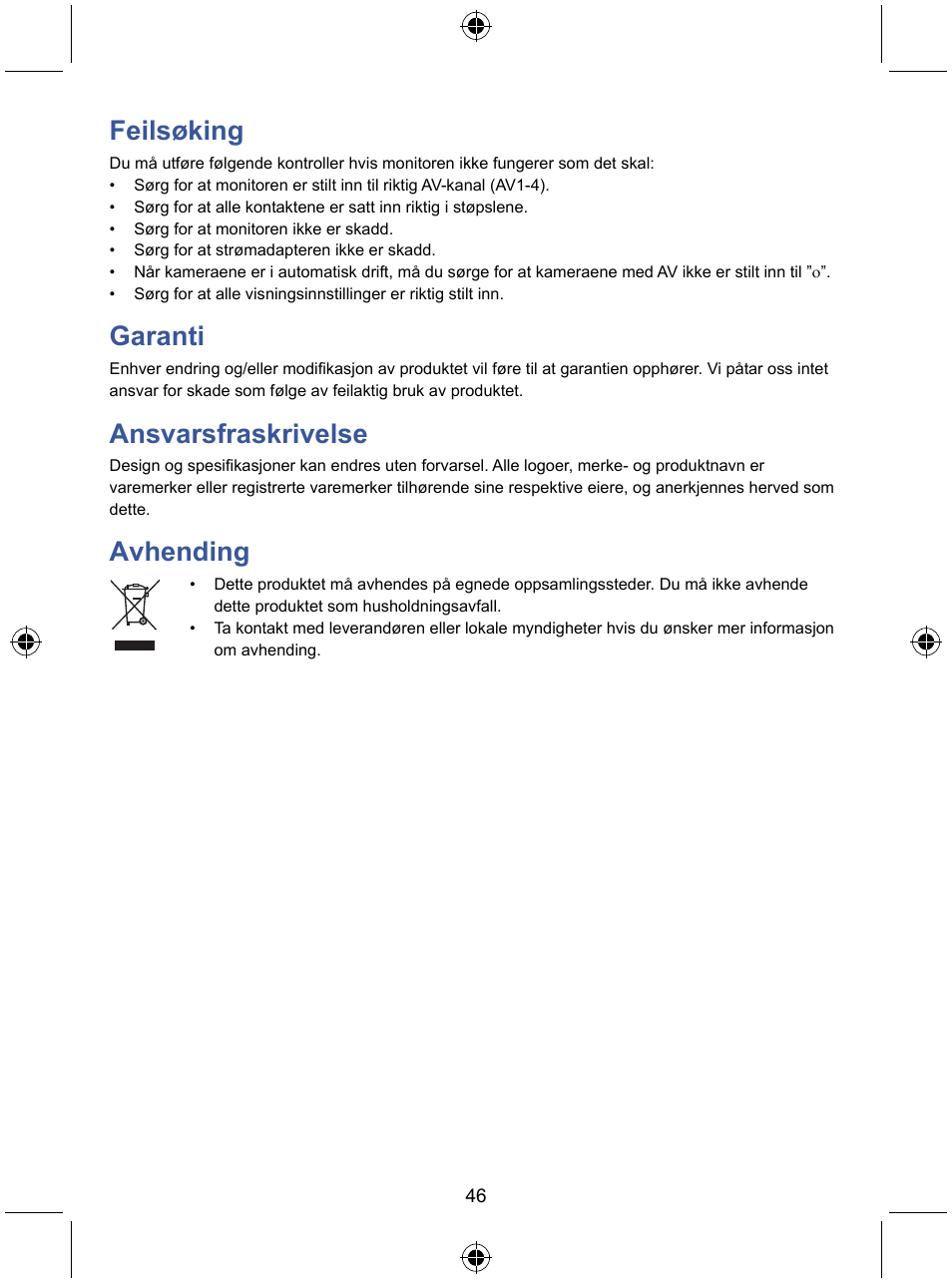Feilsøking, Garanti, Ansvarsfraskrivelse | Avhending | Konig Electronic 7" color LCD monitor User Manual | Page 46 / 59