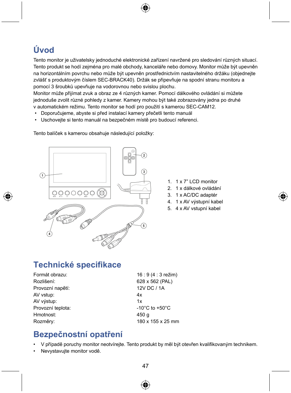 Úvod, Technické specifikace, Bezpečnostní opatření | Konig Electronic 7" color LCD monitor User Manual | Page 47 / 59