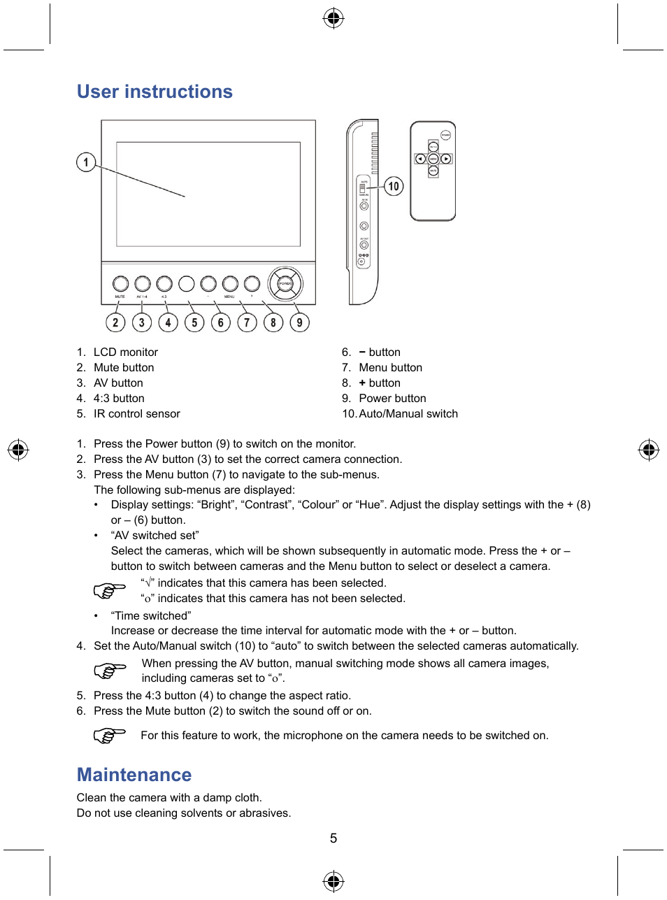 User instructions, Maintenance | Konig Electronic 7" color LCD monitor User Manual | Page 5 / 59