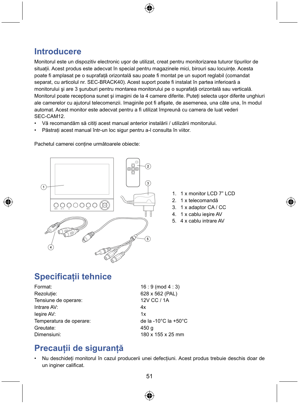 Introducere, Specificaţii tehnice, Precauţii de siguranţă | Konig Electronic 7" color LCD monitor User Manual | Page 51 / 59