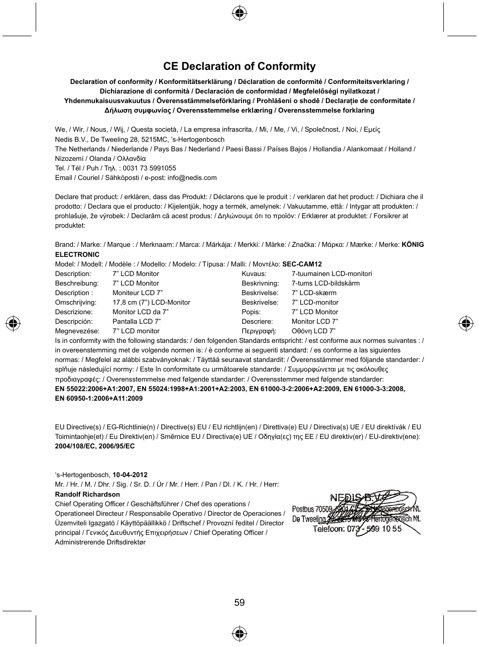 Ce declaration of conformity | Konig Electronic 7" color LCD monitor User Manual | Page 59 / 59