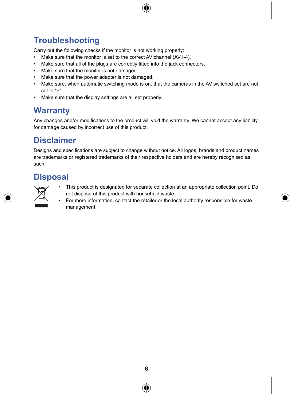 Troubleshooting, Warranty, Disclaimer | Disposal | Konig Electronic 7" color LCD monitor User Manual | Page 6 / 59