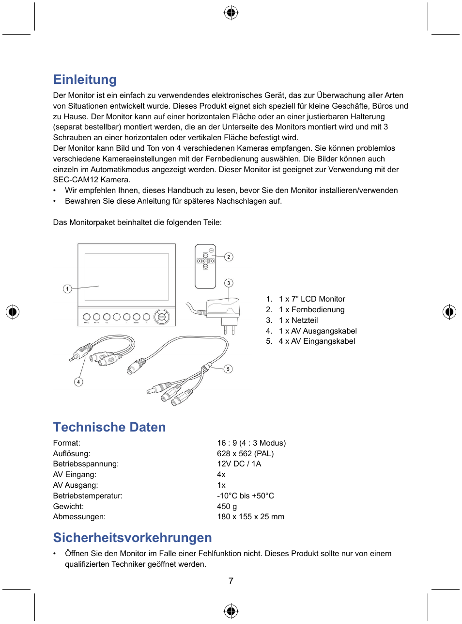 Einleitung, Technische daten, Sicherheitsvorkehrungen | Konig Electronic 7" color LCD monitor User Manual | Page 7 / 59