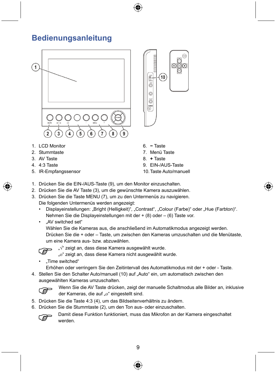 Bedienungsanleitung | Konig Electronic 7" color LCD monitor User Manual | Page 9 / 59