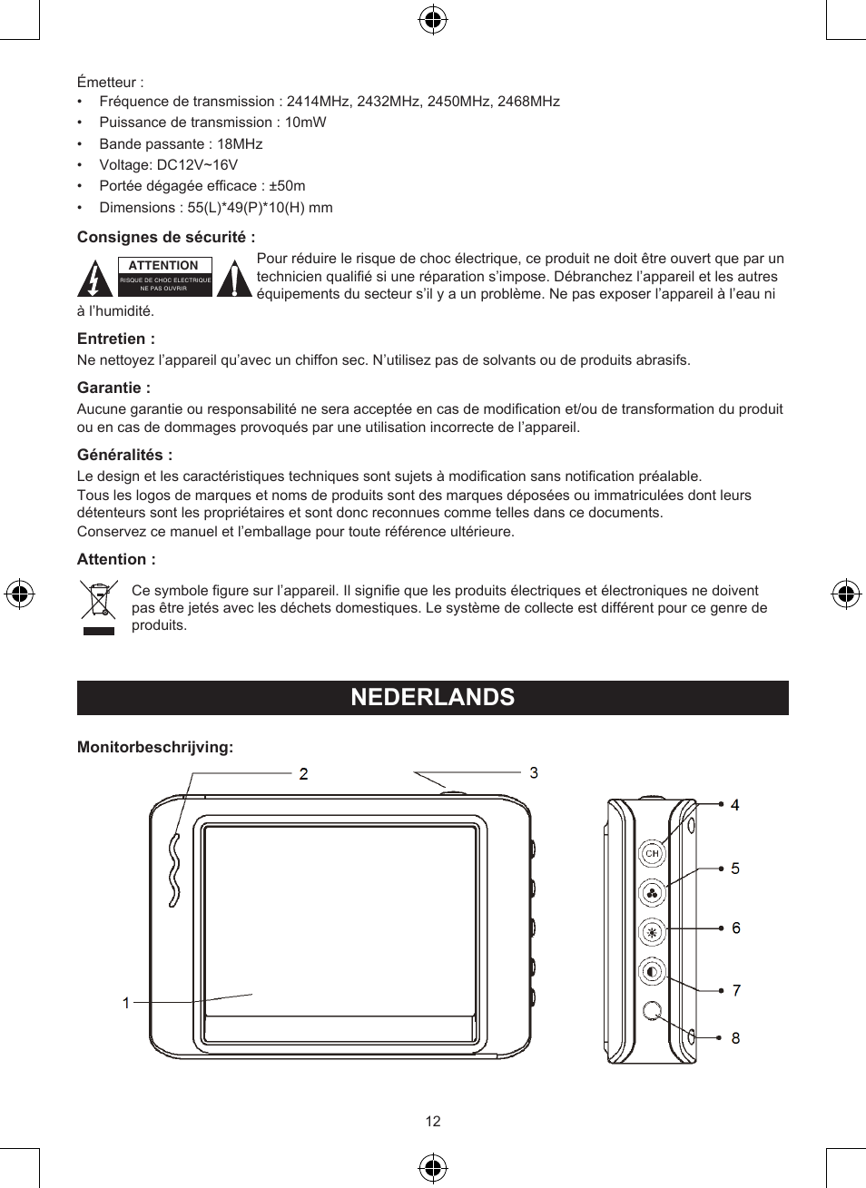 Gebruiksaanwijzing (p. 12), Draadloos achteruitkijk systeem, Nederlands | Konig Electronic Wireless rear view camera system User Manual | Page 12 / 52