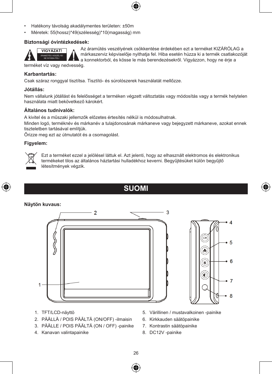 Käyttöohje (s. 26), Langaton peruutuspeilijärjestelmä, Suomi | Konig Electronic Wireless rear view camera system User Manual | Page 26 / 52