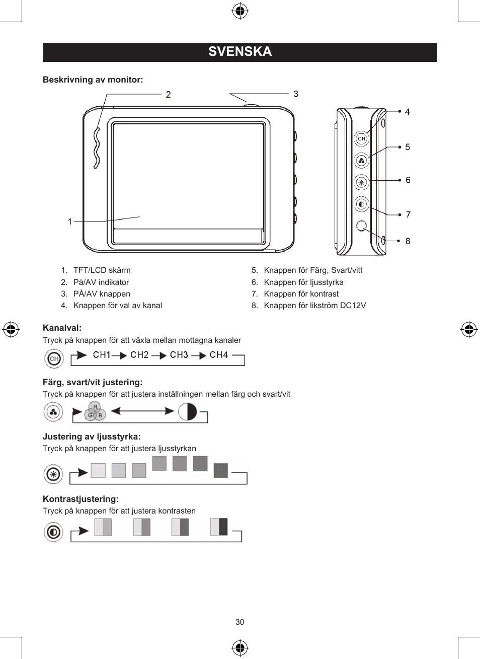 Bruksanvisning (s. 30), Trådlöst bakvysystem, Svenska | Konig Electronic Wireless rear view camera system User Manual | Page 30 / 52