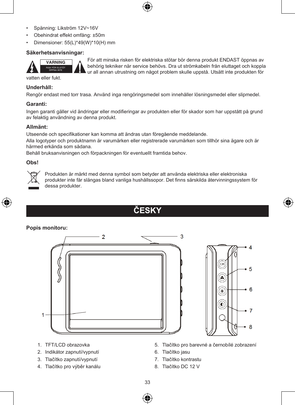 Návod k použití (s. 33), Bezdrátový systém zpětného pohledu, Česky | Konig Electronic Wireless rear view camera system User Manual | Page 33 / 52