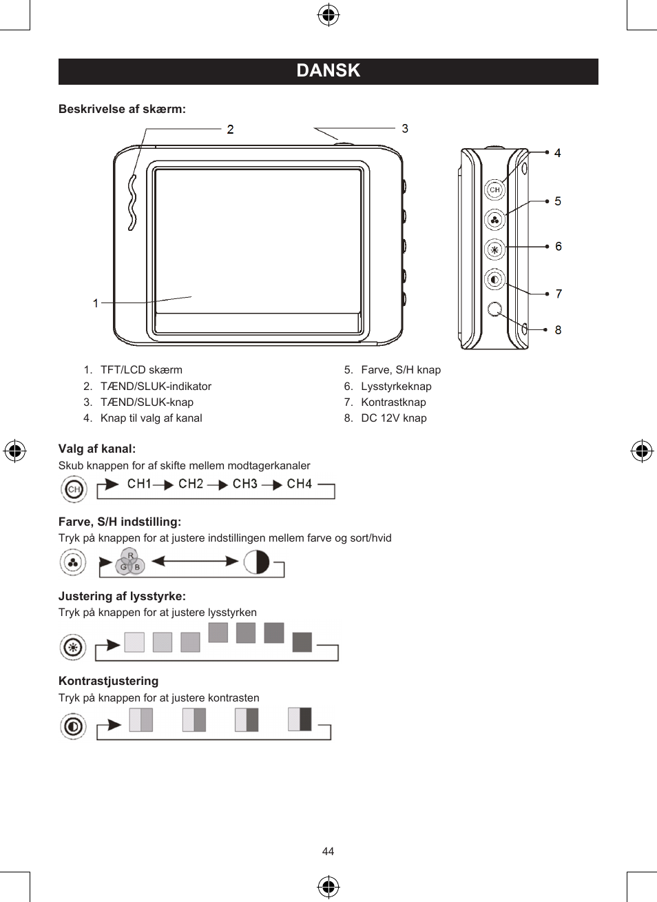 Brugervejledning (p. 44), Trådløs bagspejl system, Dansk | Konig Electronic Wireless rear view camera system User Manual | Page 44 / 52