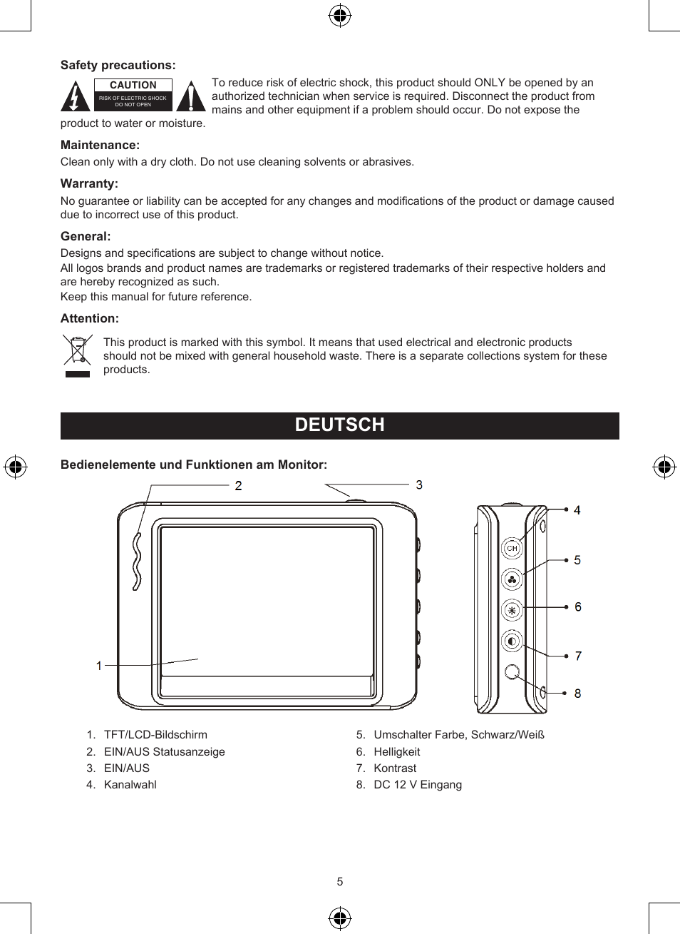 Anleitung (s. 5), Drahtloses rückfahrsystem, Deutsch | Konig Electronic Wireless rear view camera system User Manual | Page 5 / 52