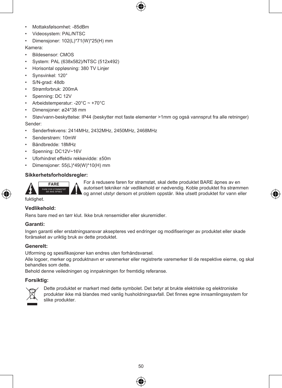 Konig Electronic Wireless rear view camera system User Manual | Page 50 / 52