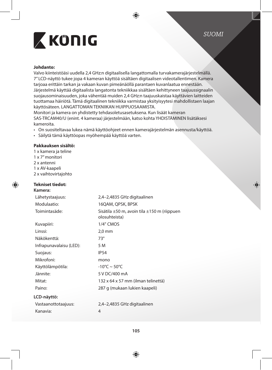 Suomi | Konig Electronic Digital 2.4 GHz wireless camera for SEC-TRANS60 User Manual | Page 105 / 309