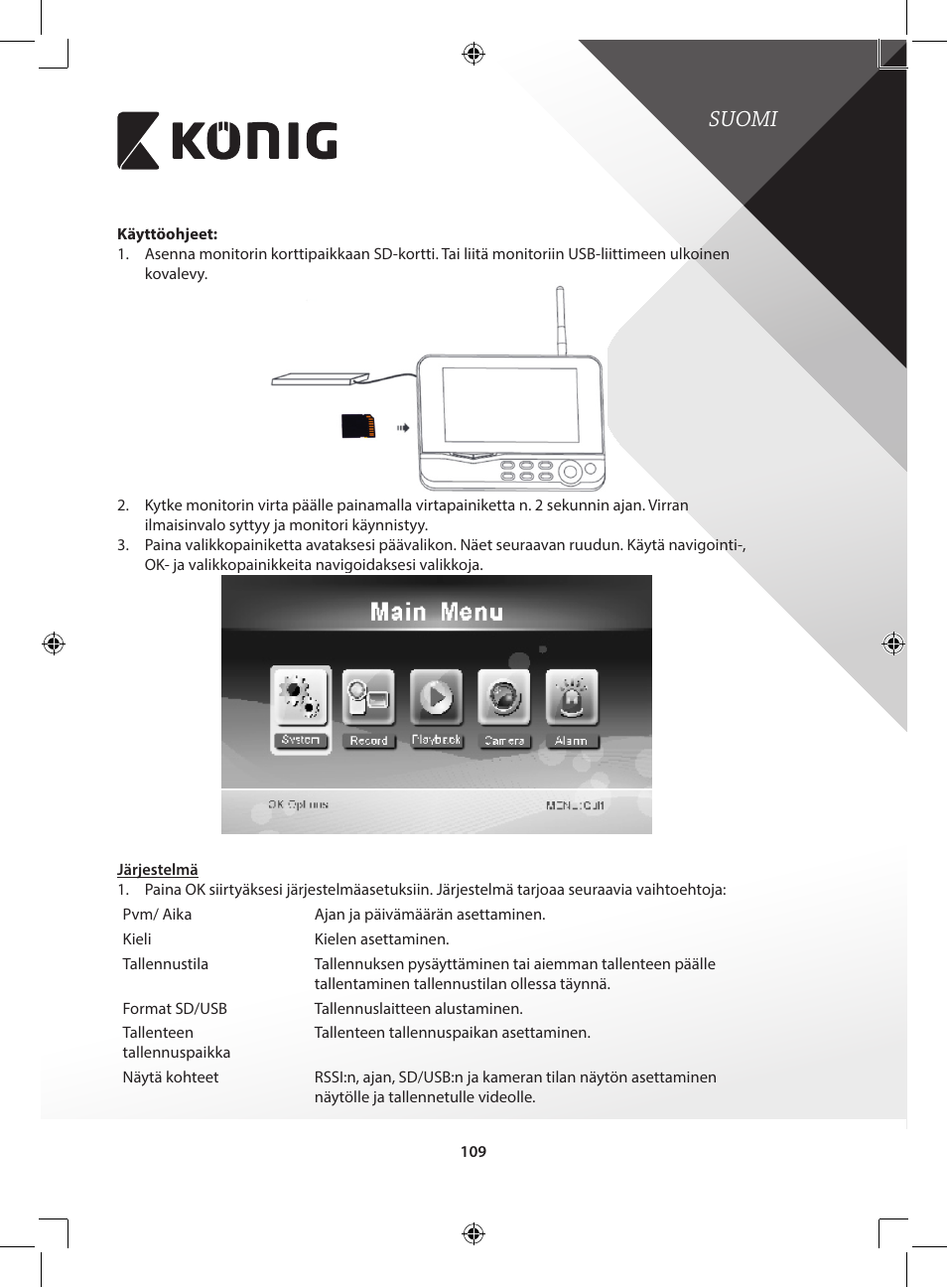 Suomi | Konig Electronic Digital 2.4 GHz wireless camera for SEC-TRANS60 User Manual | Page 109 / 309