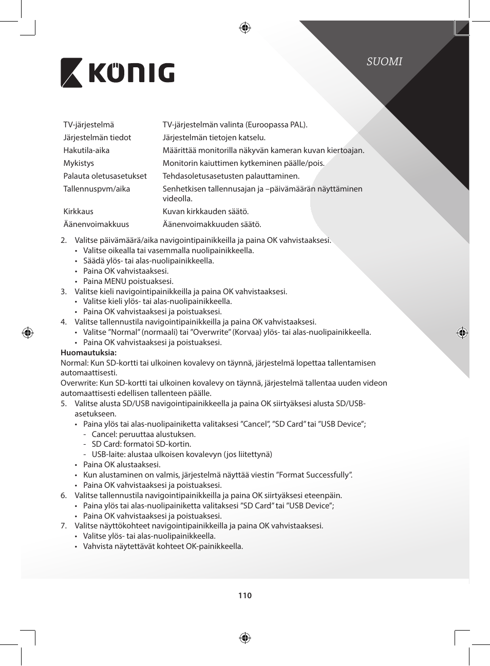 Suomi | Konig Electronic Digital 2.4 GHz wireless camera for SEC-TRANS60 User Manual | Page 110 / 309