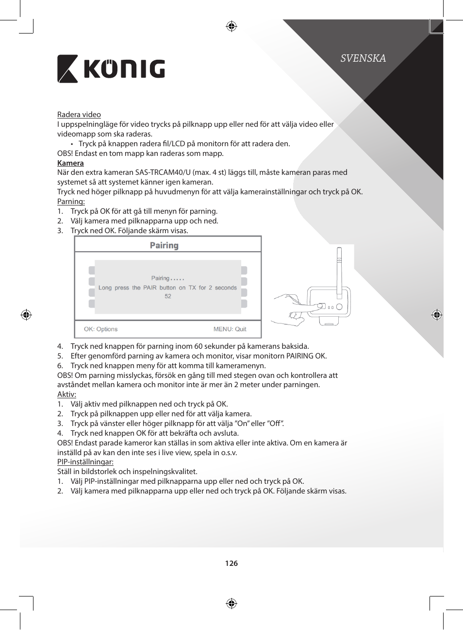 Svenska | Konig Electronic Digital 2.4 GHz wireless camera for SEC-TRANS60 User Manual | Page 126 / 309