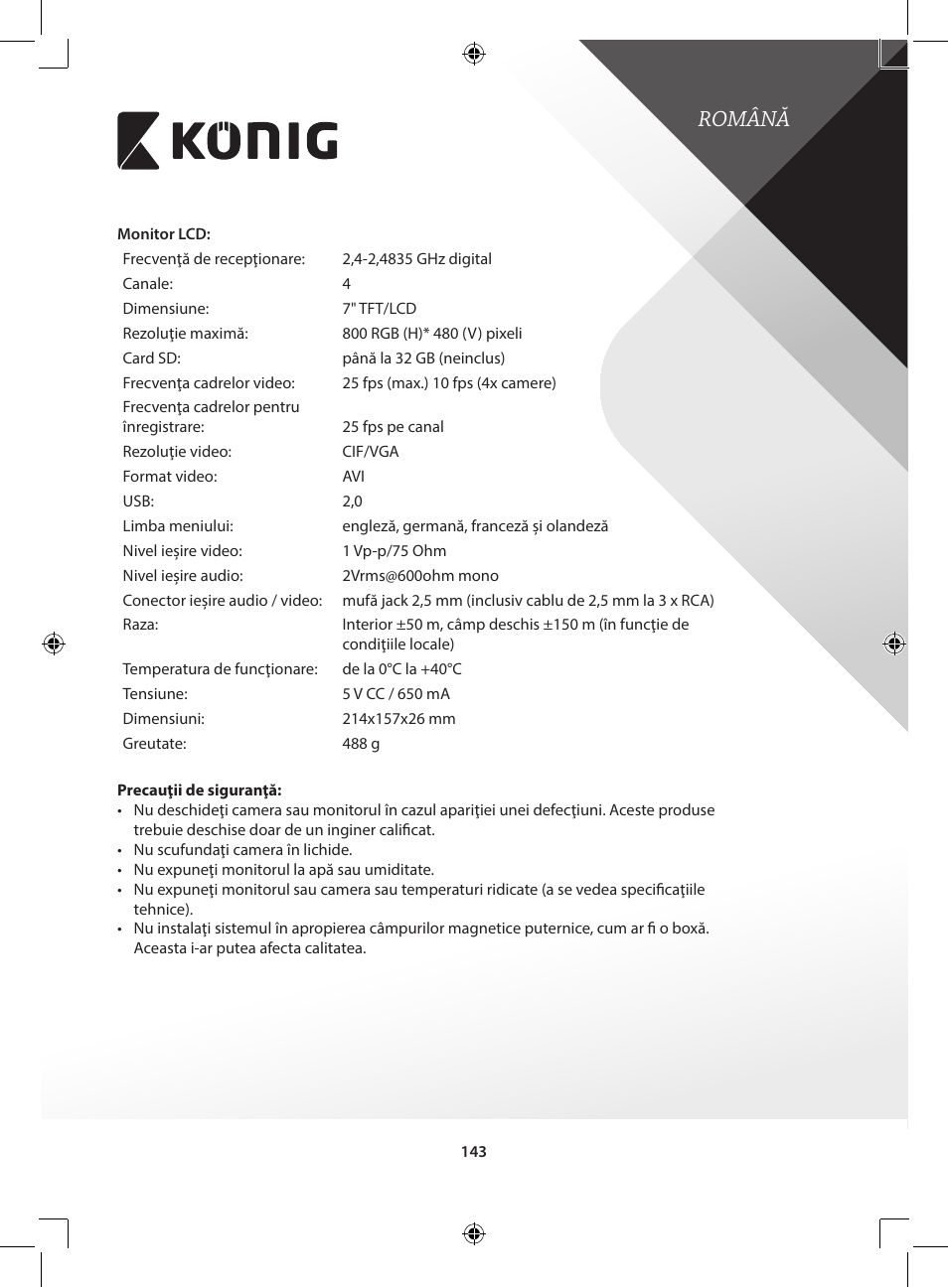 Română | Konig Electronic Digital 2.4 GHz wireless camera for SEC-TRANS60 User Manual | Page 143 / 309